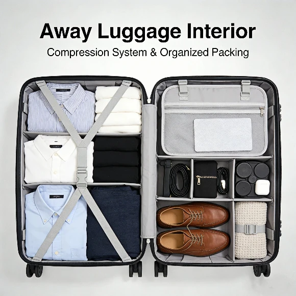 Away luggage interior with compression system and organized packing