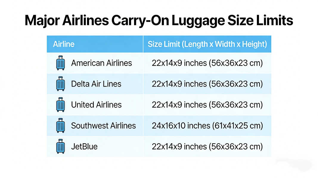 carry-on luggage size limits for major airlines