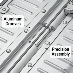 Close-up of RIMOWA craftsmanship, aluminum grooves and precision assembly