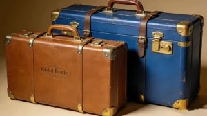 Iconic Globe Trotter suitcase in classic navy blue with leather corners