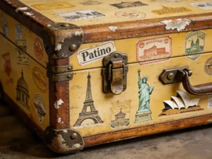 Vintage Globe Trotter luggage with authentic travel patina and stickers