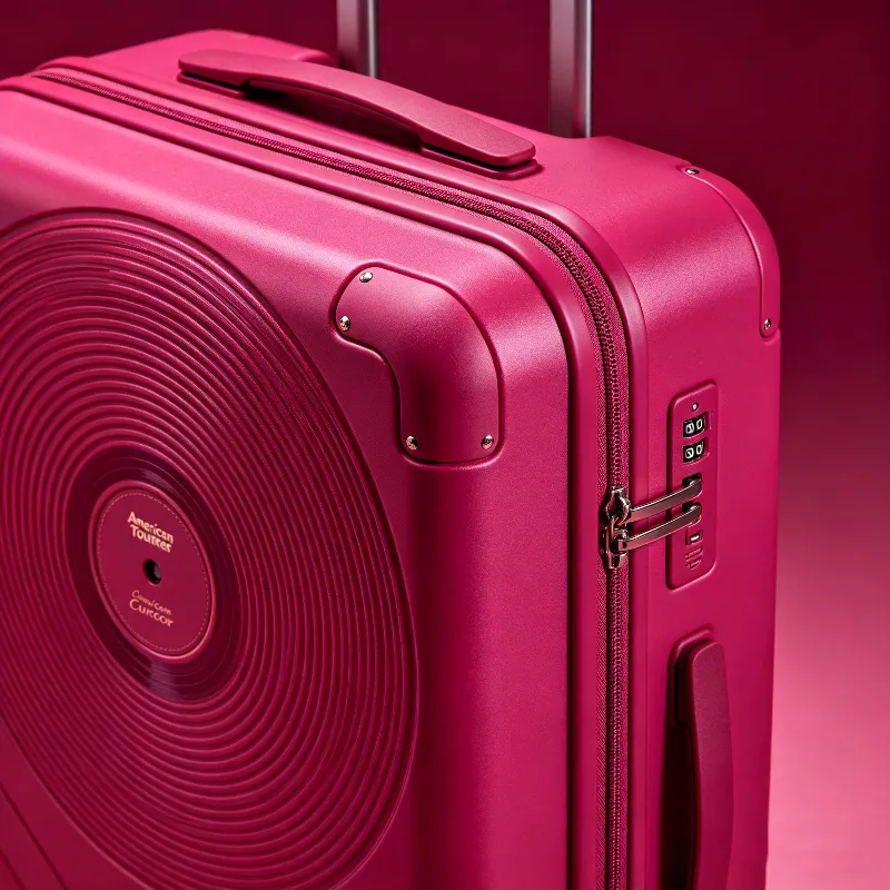 Close-up of the American Tourister Curio suitcase featuring its iconic vinyl record circular ridges and TSA-approved lock.
