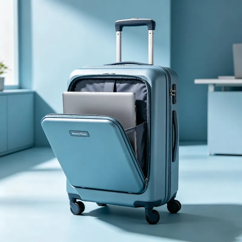 American Tourister Frontec carry-on luggage with its front compartment open, revealing a laptop inside for business travel
