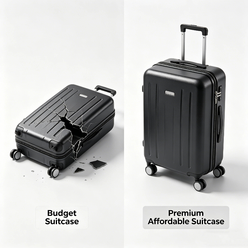 Infographic showing durable vs fragile luggage features, including wheels and zippers