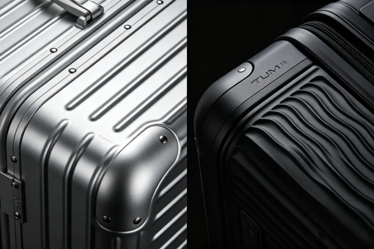 Close-up of Rimowa aluminum-magnesium alloy grooves and Tumi 19 Degree wave pattern design
