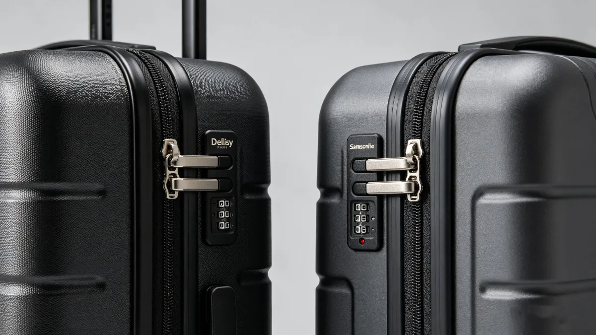 Samsonite vs Delsey Paris luggage comparison - Securitech zipper and durability.