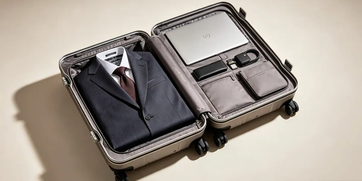 Inside view of Travelpro Platinum Elite luggage with organized storage compartments