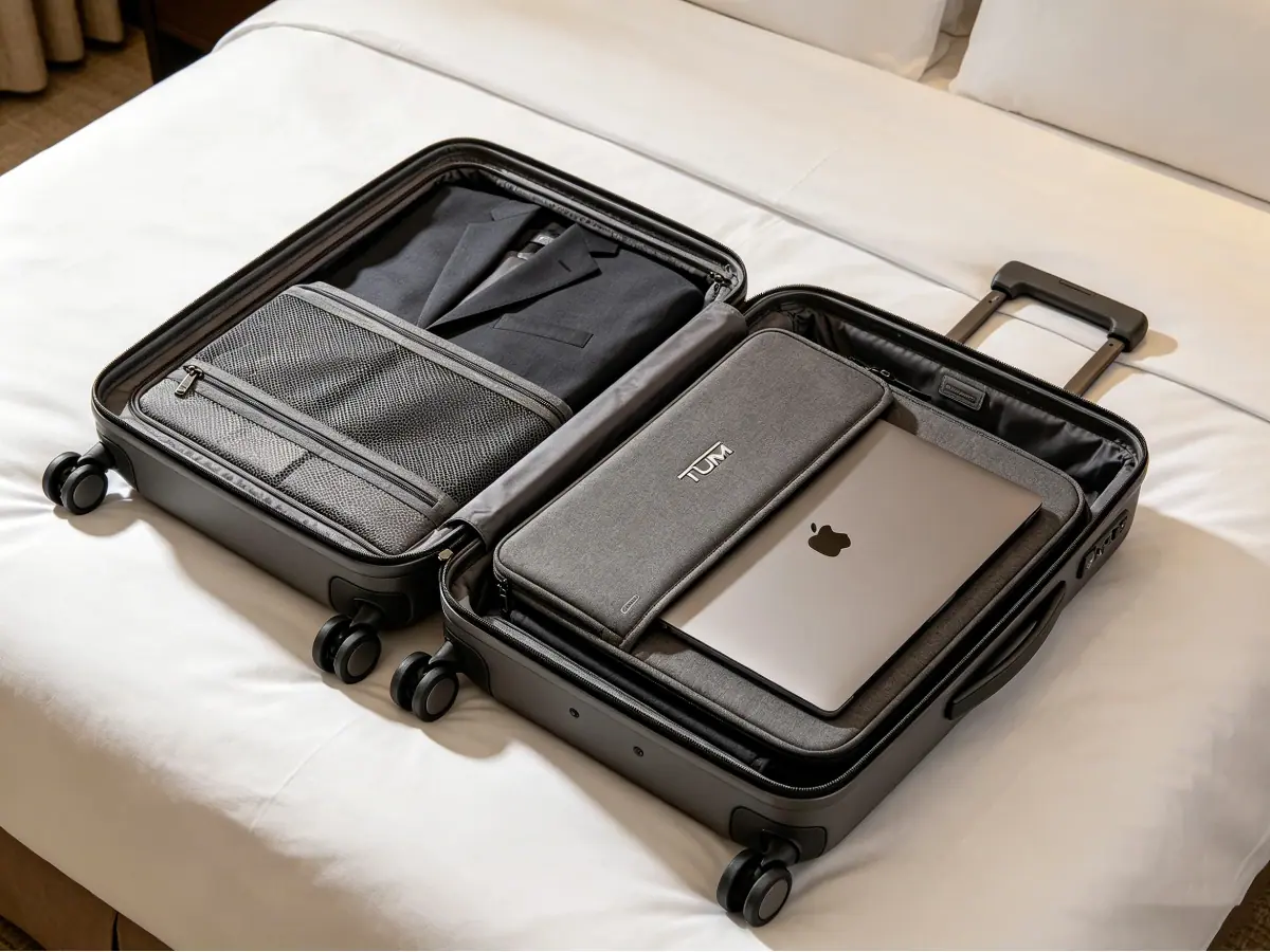 Tumi carry-on suitcase interior organization featuring a padded laptop compartment for business travel