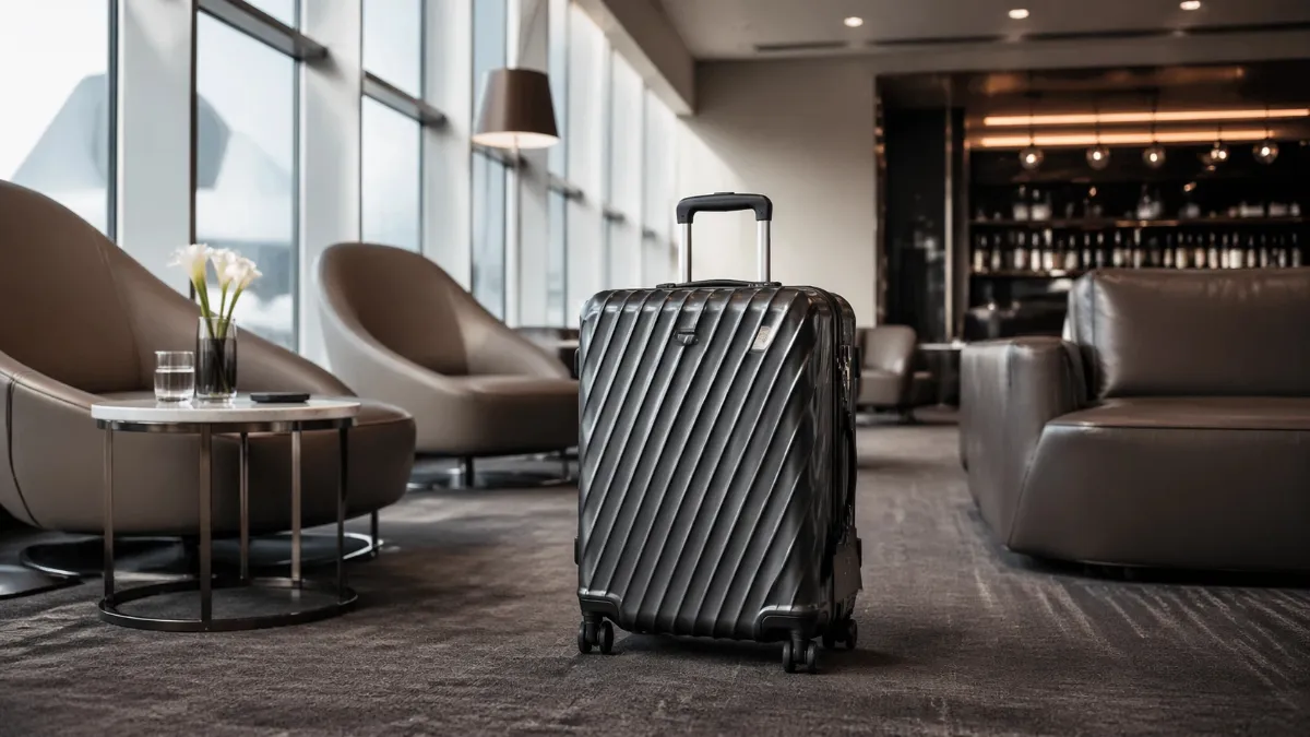 Why is Tumi luggage so expensive? Premium Tumi hard-shell luggage for business travel in airport lounge